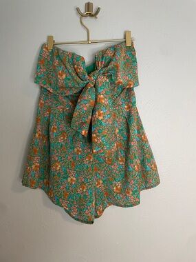 Pink Lily Green Floral Strapless Romper with Orange and Pink Floral Print